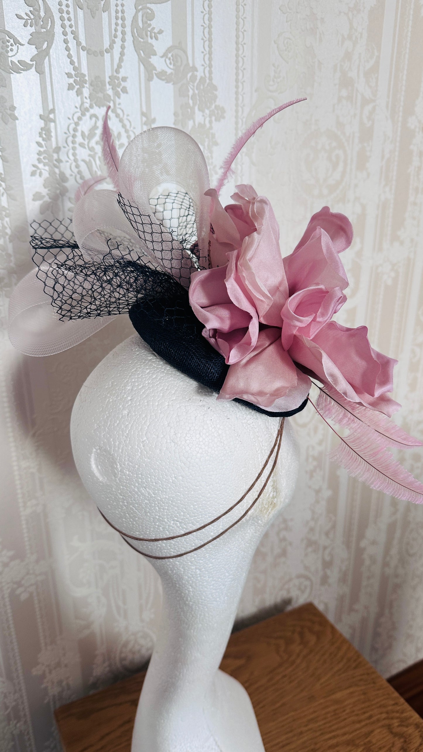 Navy and pink flower percher hat