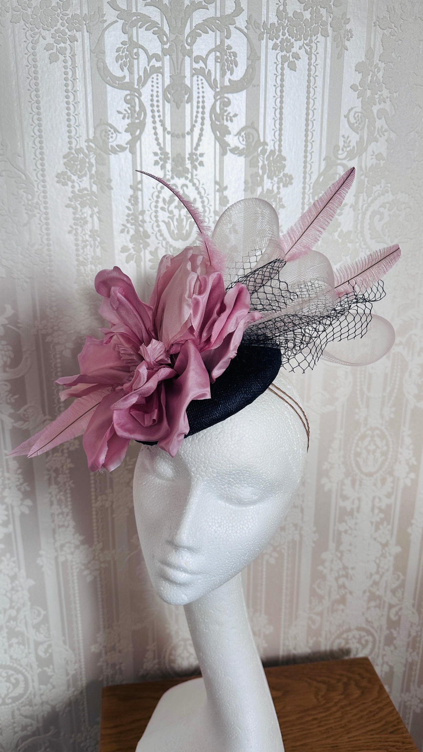 Navy and pink flower percher hat