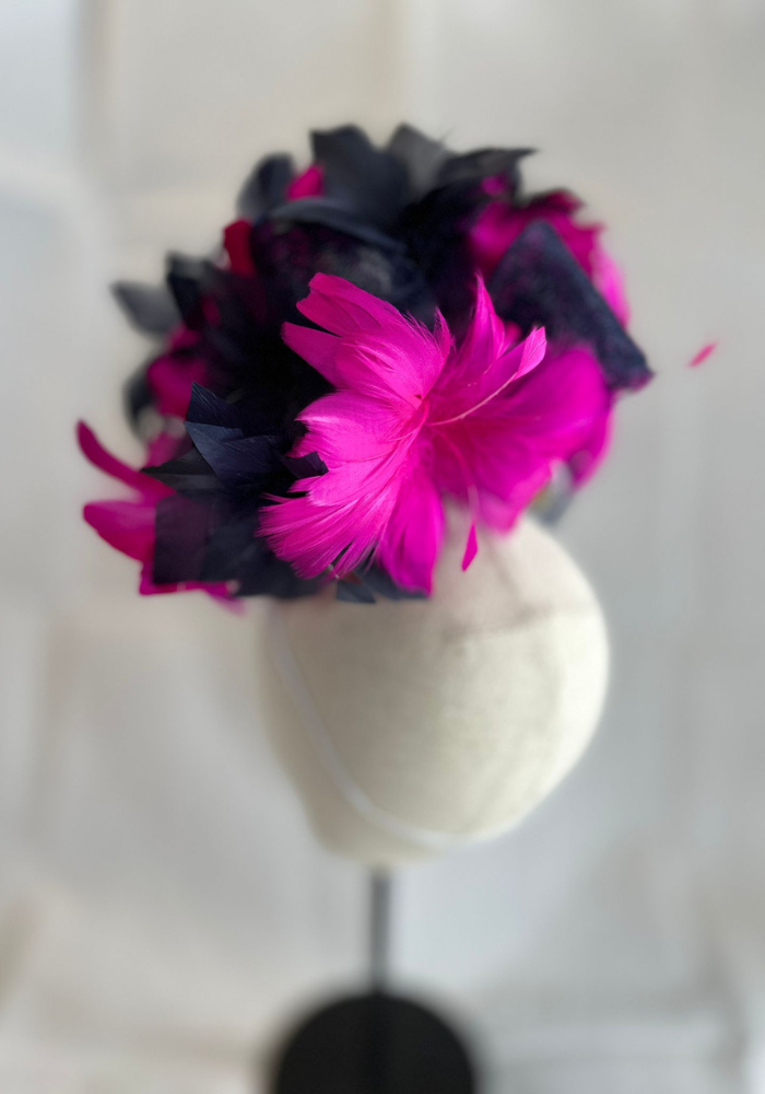 Navy Hatinator With Handmade Pink And Navy Feather Flowers