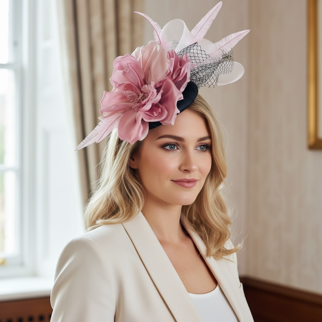 Navy and pink flower percher hat