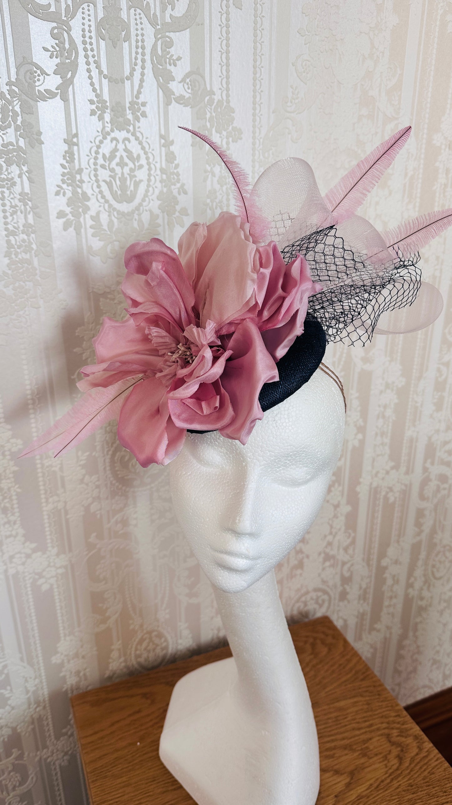 Navy and pink flower percher hat