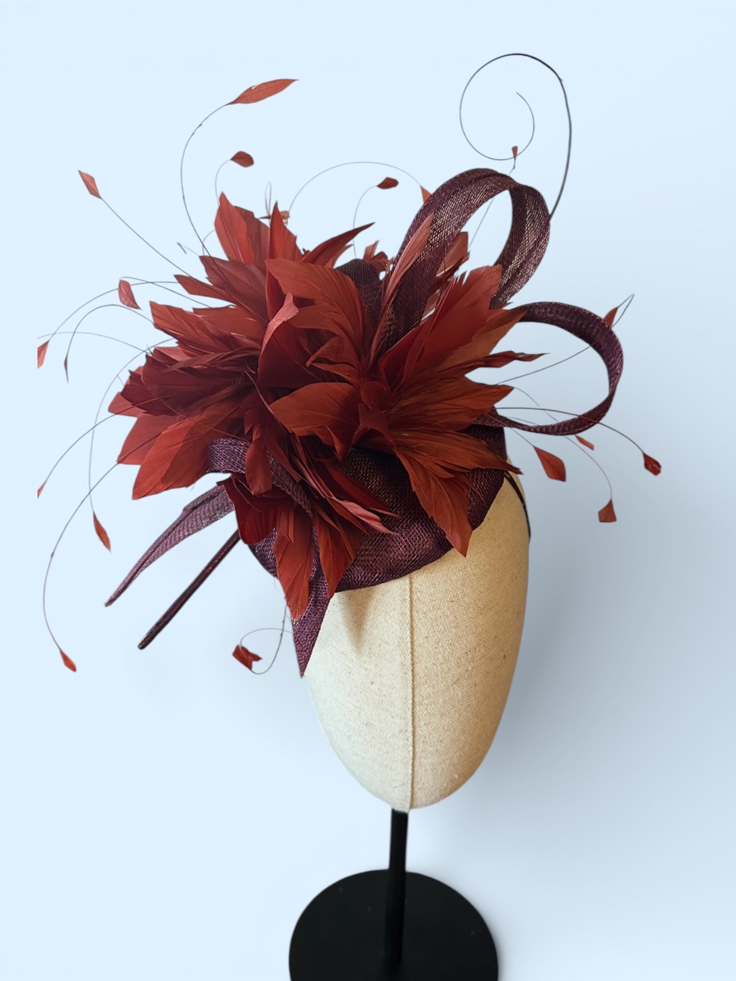 Wine and Rust feathered Percher style hat