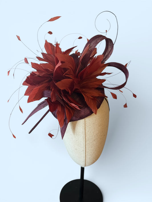 Wine and Rust feathered Percher style hat